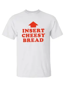 T-Shirt Fitted Casual Round Neck Featuring Red "INSERT CHEESY BREAD" Lettering and Red Arrow Graphic Design Top