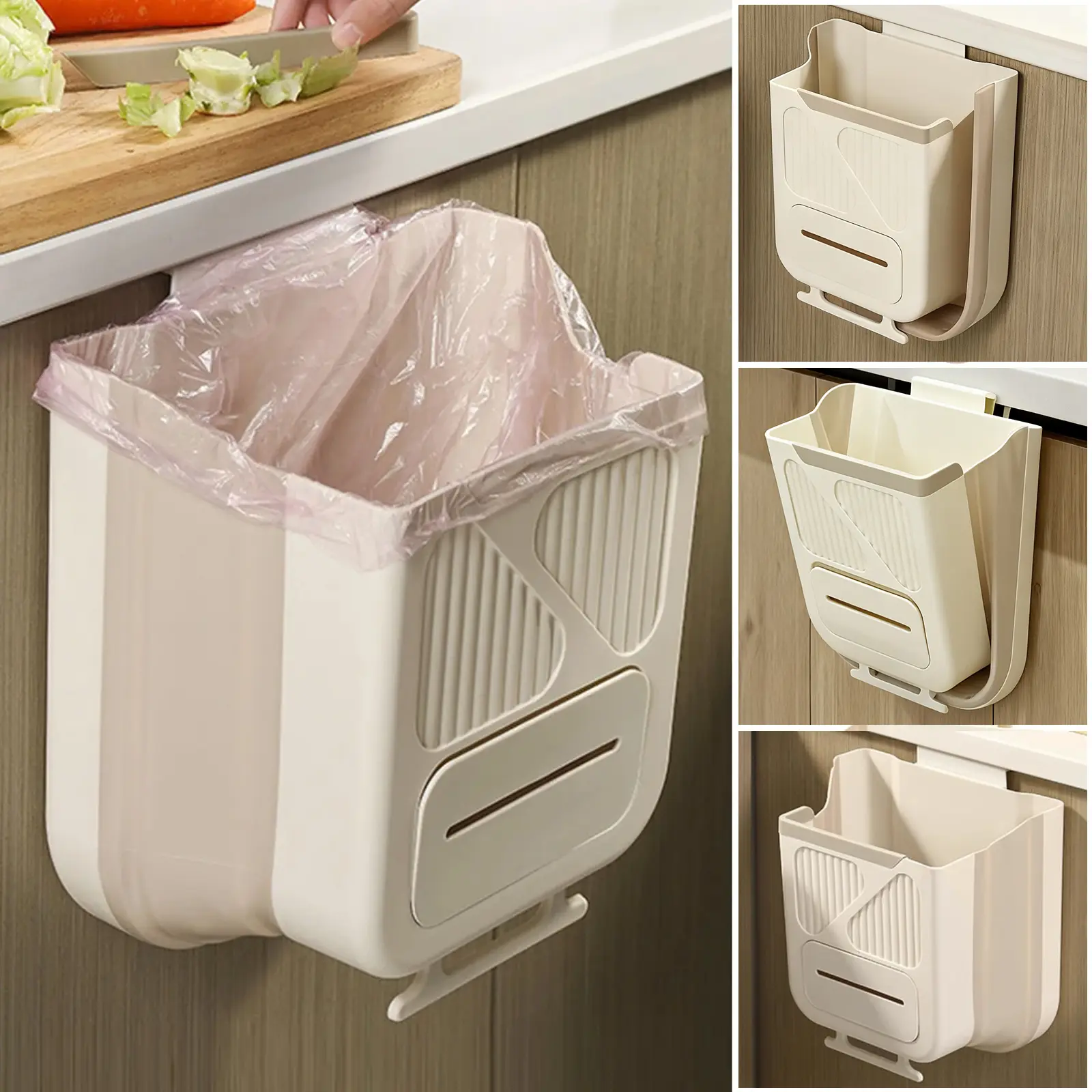 Durable Built-in Plastic Foldable Hanging Kitchen Trash Can - 1 Count Small Bin with 1-Click Folding, Scraper Design, 10.4×10×6.4 inches/8.66×7.87×4.72 inches, Space-Saving Cabinet Installer for Home, Bathroom Use, Wipe Clean with Damp Cloth