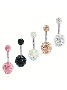 5pcs Rhinestones Design Navel Ring, Stainless Steel Navel Piercing Jewelry For Women & Men, Rhinestone Belly Ring, Body Piercing Jewelry