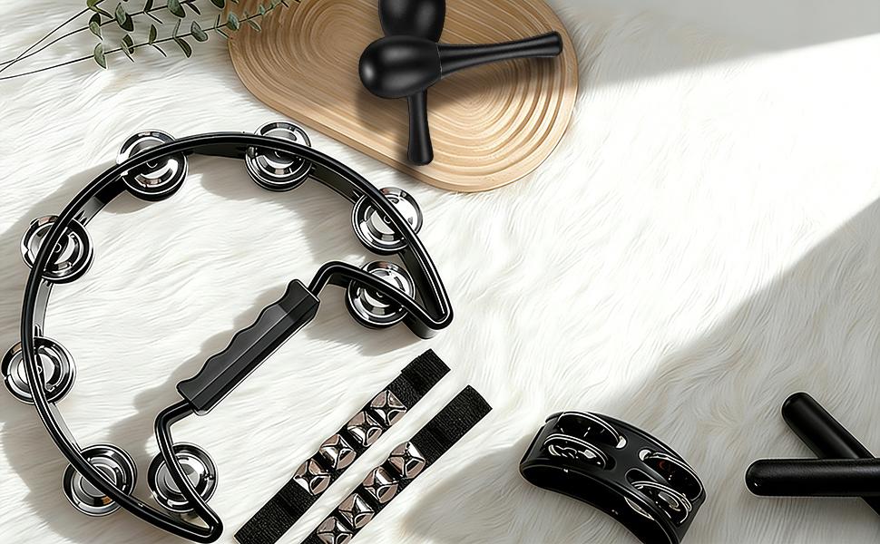 11pcs Tambourine Set, Half Moon Tambourine, Wrist Bells, Maracas, Rhythm Sticks, Reflective Handheld Tambourines, Percussion Instrument for Adults Church School Party And Karaoke.