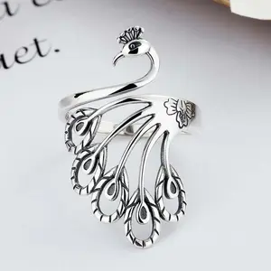 Peacock wide ring silver open adjustable index finger ring for women daily matching