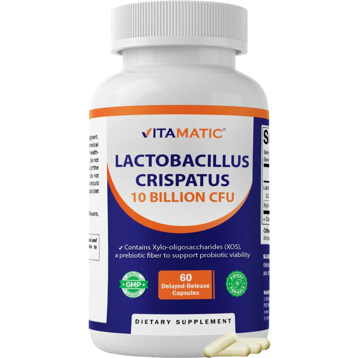 Vitamatic Lactobacillus Crispatus 10 Billion CFU with XOS Prebiotic, Delayed-Release Probiotic Capsules, Non-GMO, 60 Capsules.