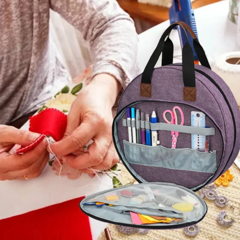 Women's Cloth Embroidery Organizer Bag with Top Handle, Portable Sewing Tote with Pockets for Knitting & Craft Lovers, Rustic, Bottom Slot For Scissors, Two-Way Zipper
