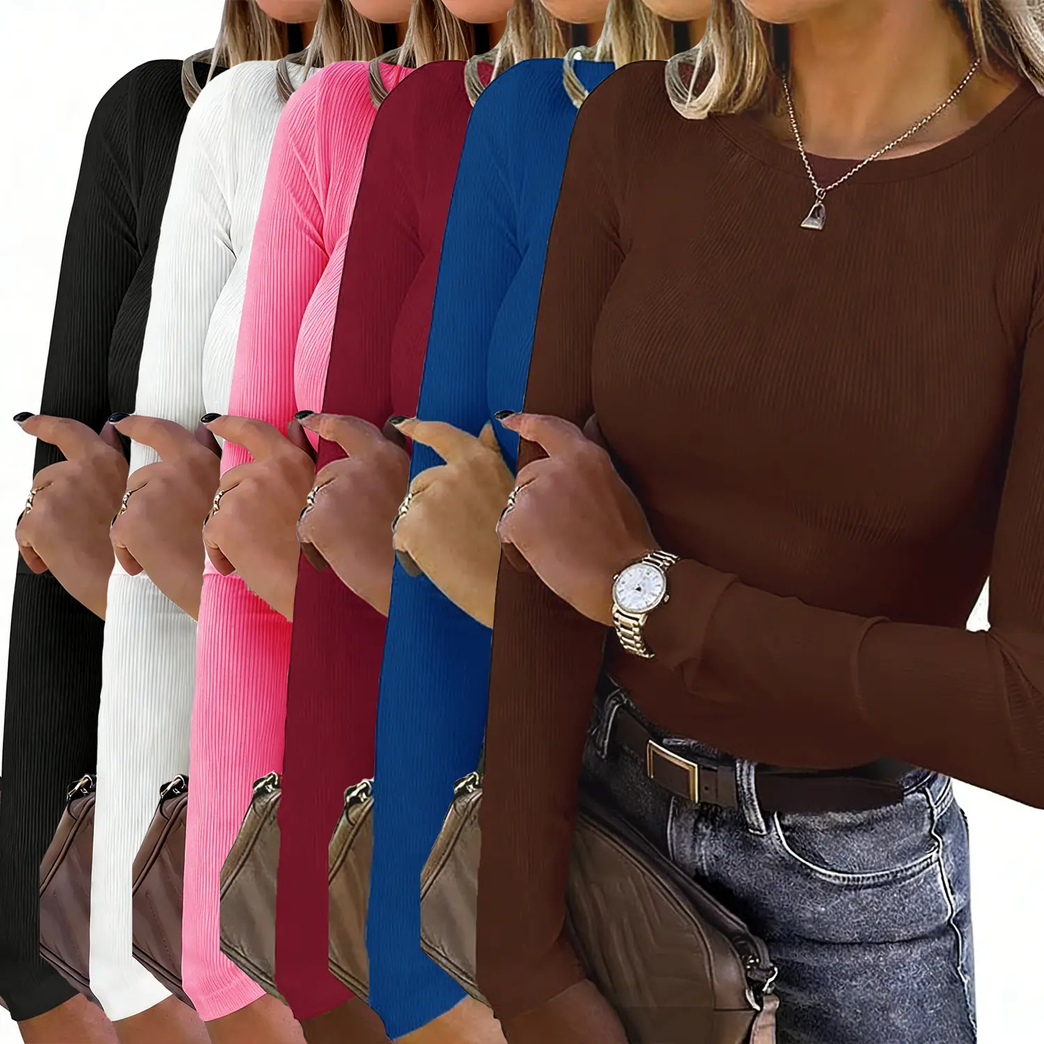 【Limited time deal】【Fast Shipping】Women's Long Sleeve Rib-Knit Shirt - Slim Fit Basic Tee Top for Fall, Casual Layering T-Shirt Fashion Womenswear Knitwear Fabric