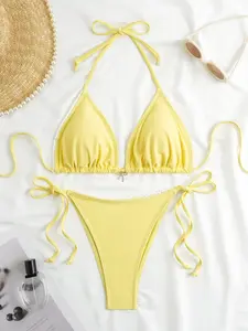 Sexy Checkered Two-Piece Bikini Set with Adjustable Fit, Casual Beachwear for All Seasons, Ideal for Holidays and Vacations, Halter Tie Back Bikini Swimsuit