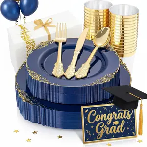 175 count Blue Plastic Plates - Blue  Plastic Dinnerware Set Disposable Include 50 Plates for Dinner and Dessert, 25Knives, 25Spoons, 25Forks, 25Cups, 25Napkins for Weddings & 4th of July