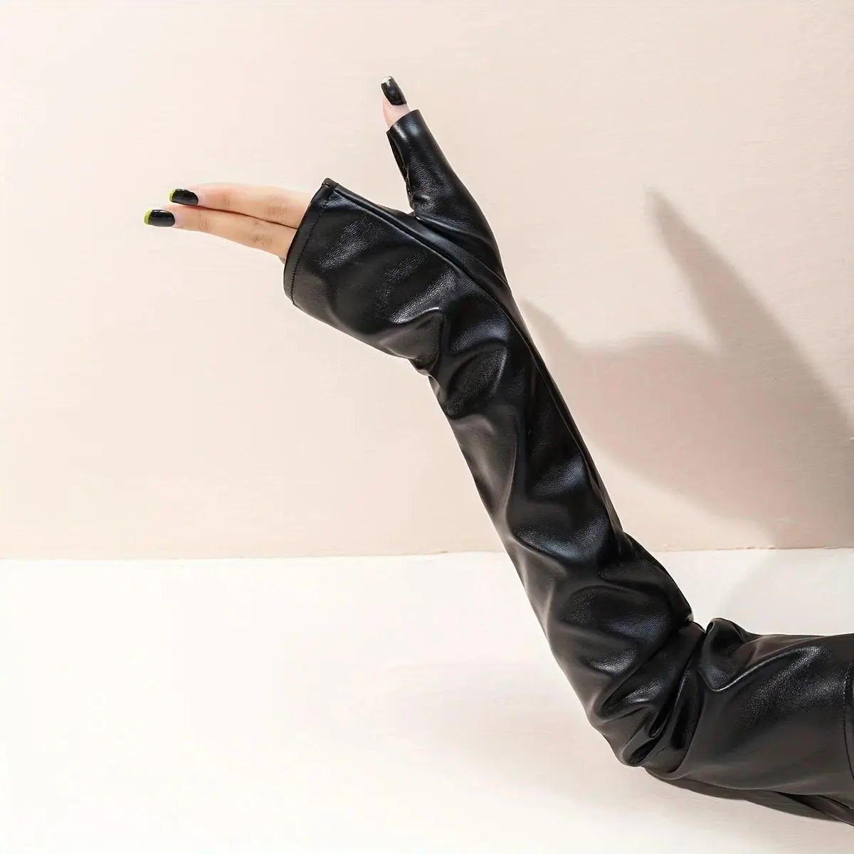 Women's black PU leather gloves, long waterproof, non finger elastic gloves, party party decoration, arm gloves