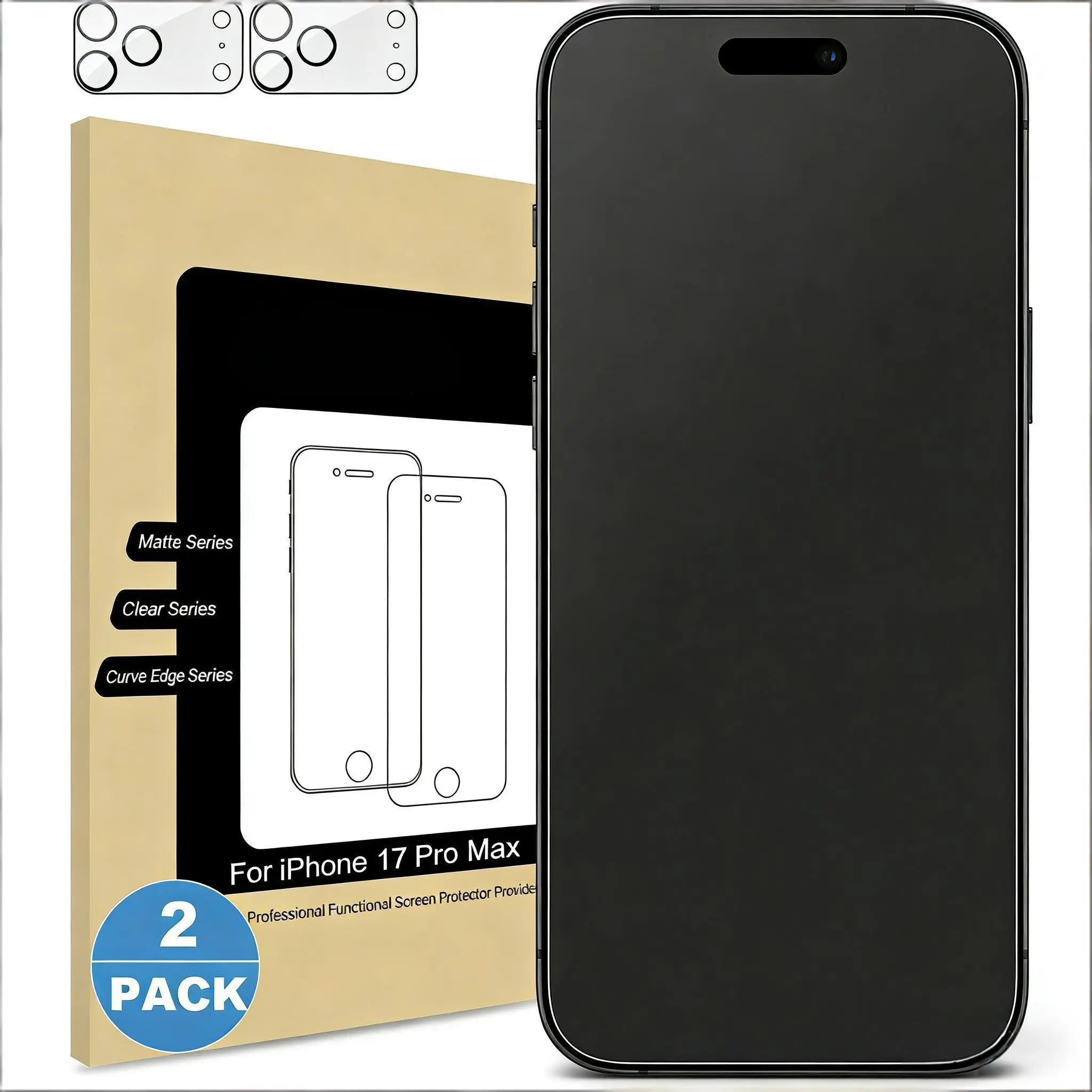 2-Pack Matte Glass Protective Screen Protectors Compatible with Cellphone, iPhone 17 Pro Max, 16 Plus, 15, 14, 13, 12, 11, + 2-Pack Camera Lens Protectors, Anti-Glare and Anti-Fingerprint Tempered Glass Protection, Bubble-Free, Smooth Accessories