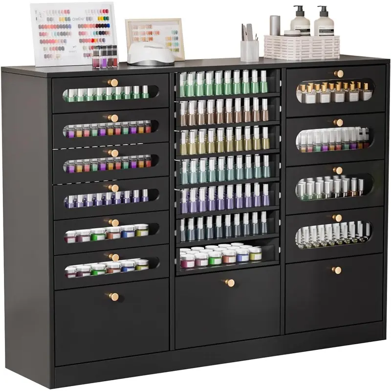OmySalon Nail Polish Organizer Cabinet with Drawers, Large Nail Salon Storage Cabinet for Nail Polish, Powder & Beauty Supplies, Wooden Salon Furniture,dorm essentials,home decor