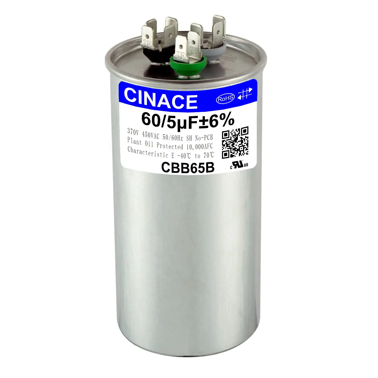 CINACE 60+5μF 60/5 MFD ±6% CBB65B Round Dual Run Circular Start Capacitor, 370/450VAC 50/60Hz, AC Compressor & Fan Motor Capacitor for Air Conditioner, Condenser Straight Cool, Heat Pump, HVAC System, Ice Maker