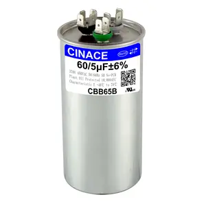 CINACE 60+5uF 60/5MFD ±6% CBB65 Dual Run Circular and Start Capacitor For Air Conditioner, AC Motor Run, Fan Start, Condenser Straight Cool, Heat Pump, Condenser Unit, HVAC, Ice Maker 370/450VAC 50/60Hz Size 100*60mm