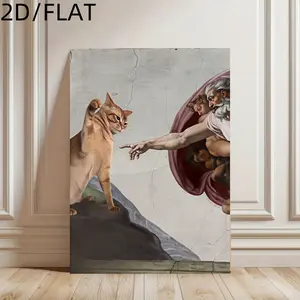 2D FLAT Canvas Wall Art, Light Colors, "Christ Creates Adam" Cat Version, Printed Art Painting, Decorative Painting for Living Room and Bedroom, Christmas Gift, Wall Decoration, Comes with Wooden Frame for Direct Hanging