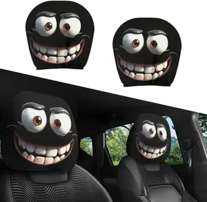 Funny Big-Eyed Grinning Cartoon Print Car Seat Headrest Covers Elastic Breathable Head Rest Covers for Driver Passenger Halloween Accessories for Vehicles Interior