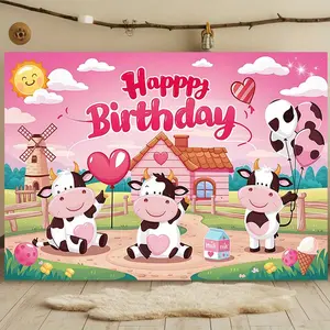 1PC,2D Flat Cute Cow Themed Birthday Backdrop, Pink Farm Party Decoration Background Cloth, Photo Background Wall for Kids' Birthday Party, Cartoon Animal Birthday Scene Layout Backdrop