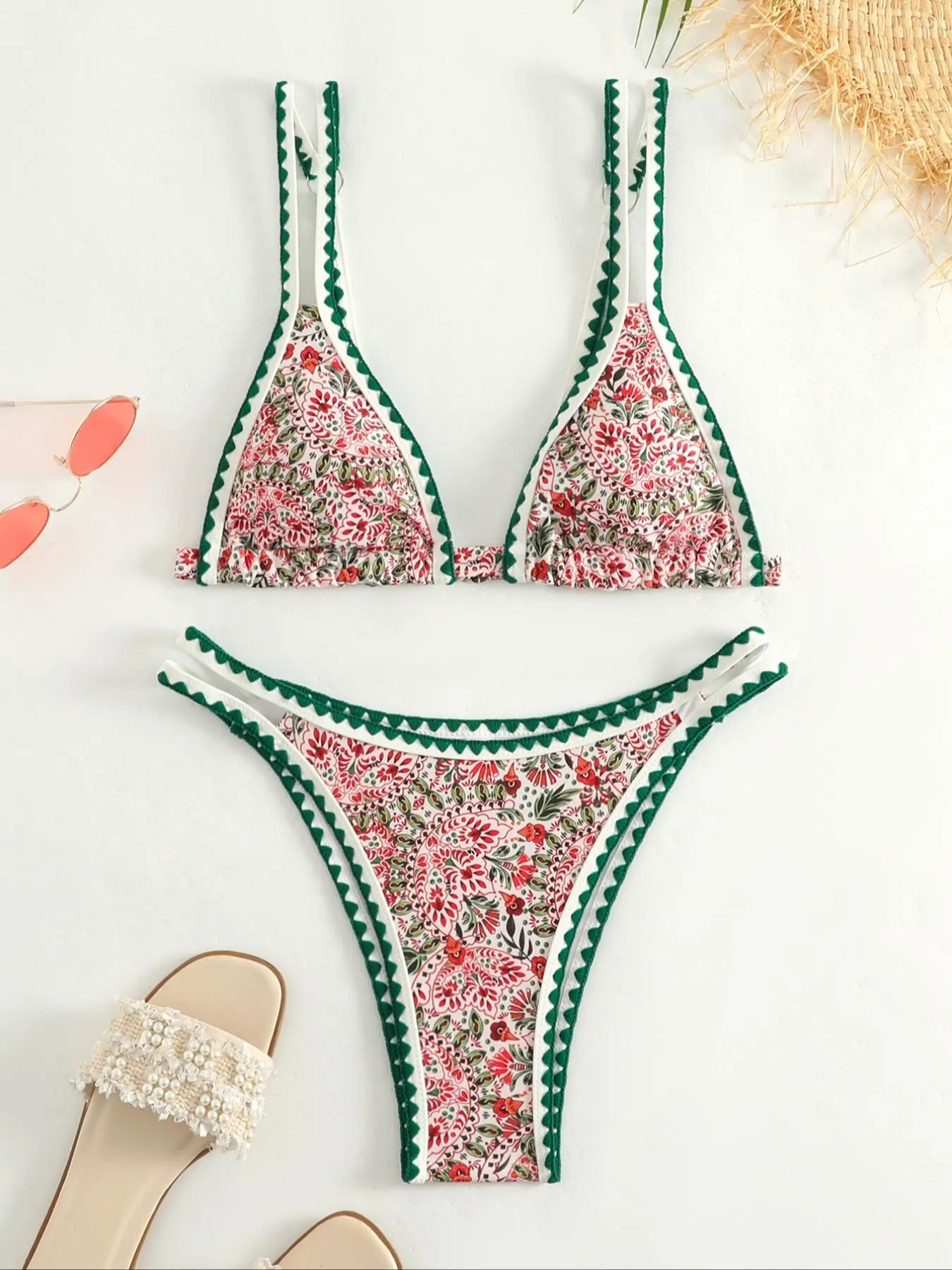 Women's All Over Ethnic Pattern Bikini Set, Contrast Binding Triangle Swim Bra & High Cut Swim Panty, Summer Beach Holiday Vacation Swimwear Set for W