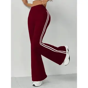 [Maroon Tummy Control Pants] Maroon High-Waist Tummy Control Women's Flare Pants - Stretchy Polyester/Elastane Blend, Machine Washable, Casual Sporty Bell Bottoms with White Stripe Detail workout  leggings Activewear Red Fabric Womenswear Jegging Knit
