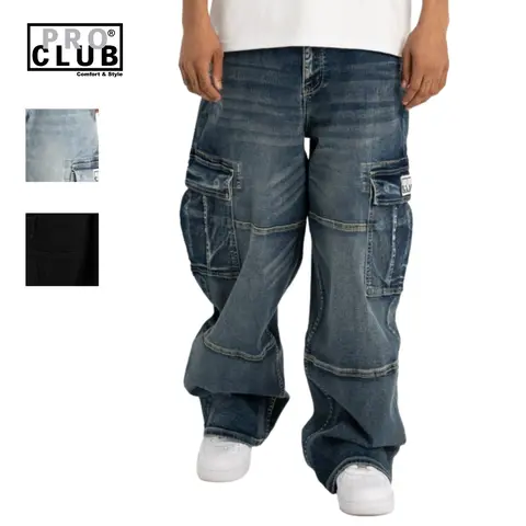 Pro Club Men's Mid Waist Heavyweight Casual Oversized Baggy Fit Denim Cargo Jeans - 98% Cotton 2% Spandex, 2 Front/2 Side/2 Back Pockets, Below the Ankle Wide Leg, Menswear Streetwear for Style & Comfort