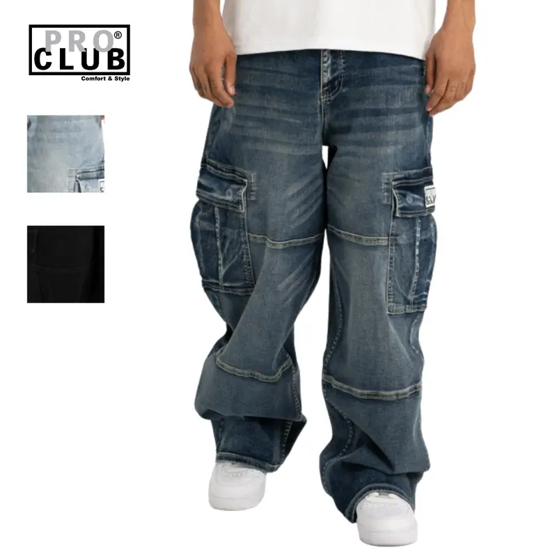 Pro Club Men's Mid Waist Heavyweight Casual Oversized Baggy Fit Denim Cargo Jeans - 98% Cotton 2% Spandex, 2 Front/2 Side/2 Back Pockets, Below the Ankle Wide Leg, Menswear Streetwear for Style & Comfort