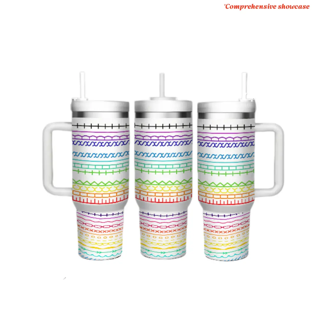 40oz Stylish Reusable Rainbow Geometric Stainless Steel Tumbler - Insulated, Double-Wall, with Handle and Straw, Colorful Abstract Pattern Travel Cup for Office, Outdoor Use, Gift for Women