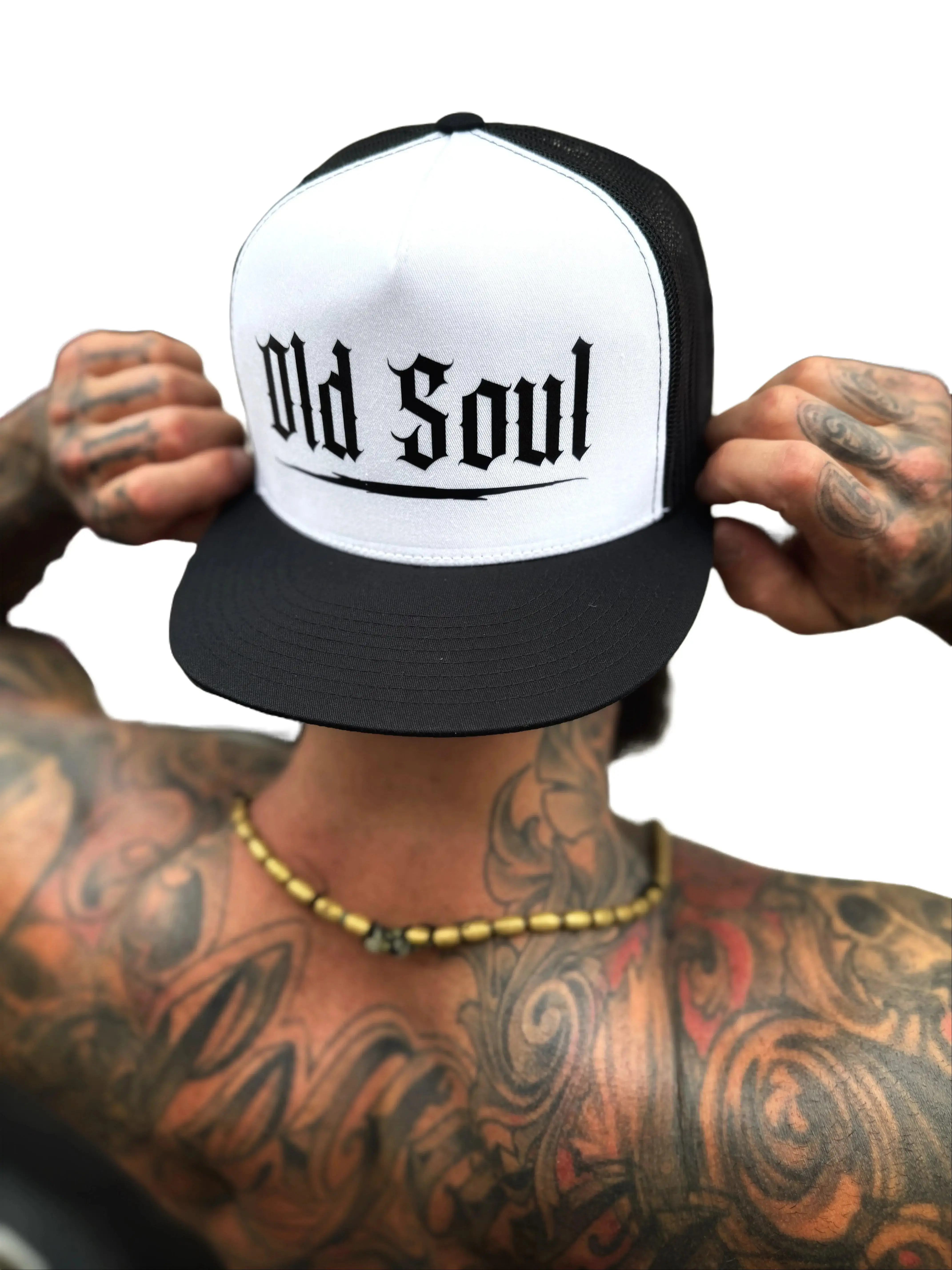 TheDriveClothing Old Soul Adjustable Stylish Black & White Flat Bill Snapback Hat - Mesh Back Trucker Cap, Structured Flat Brim Streetwear Headwear with Black Print, Adjustable Stylish Hat