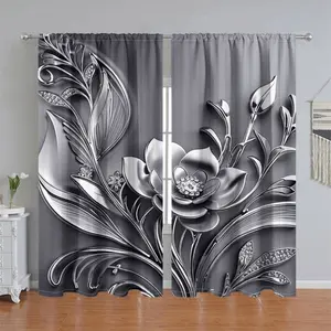 2Pcs Abstract Silver Flower Printed Curtains, Pole Pocket Style Semi Sunshade Polyester Home Textile, Suitable for Home Living Room, Bedroom, Balcony, Kitchen, Study, and Shower Window Decoration, Accessory, Anti Privacy.