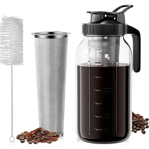Cold Brew Coffee Maker 64oz, Iced Coffee Maker with 304 Stainless Steel Filter, Mason Jar Pitcher with Lid and Spout (Black)