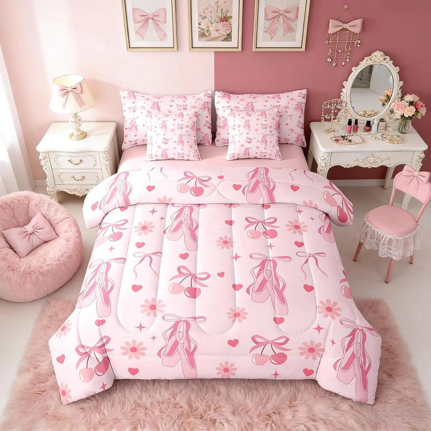 Ballet Bowknot Cute Pink Girls 7 Piece Bedding Set,| Ribbon Flowers Comforter Set with Sheets Cherry Daisy Bow Bed in A Bag Cherry Daisy Bow Bed Sets