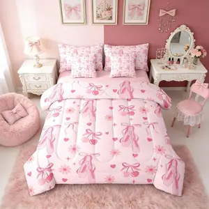Ballet Bowknot Cute Pink Girls 7 Piece Bedding Set,| Ribbon Flowers Comforter Set with Sheets Cherry Daisy Bow Bed in A Bag Cherry Daisy Bow Bed Sets