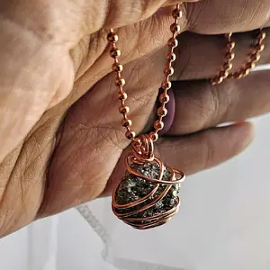2.4mm Ball Chain Raw Pyrite Crystal Pendant Necklaces 24 Inches, Thick 14 Gauge Copper Wire Wrapped Jewelry [Made-to-Order]