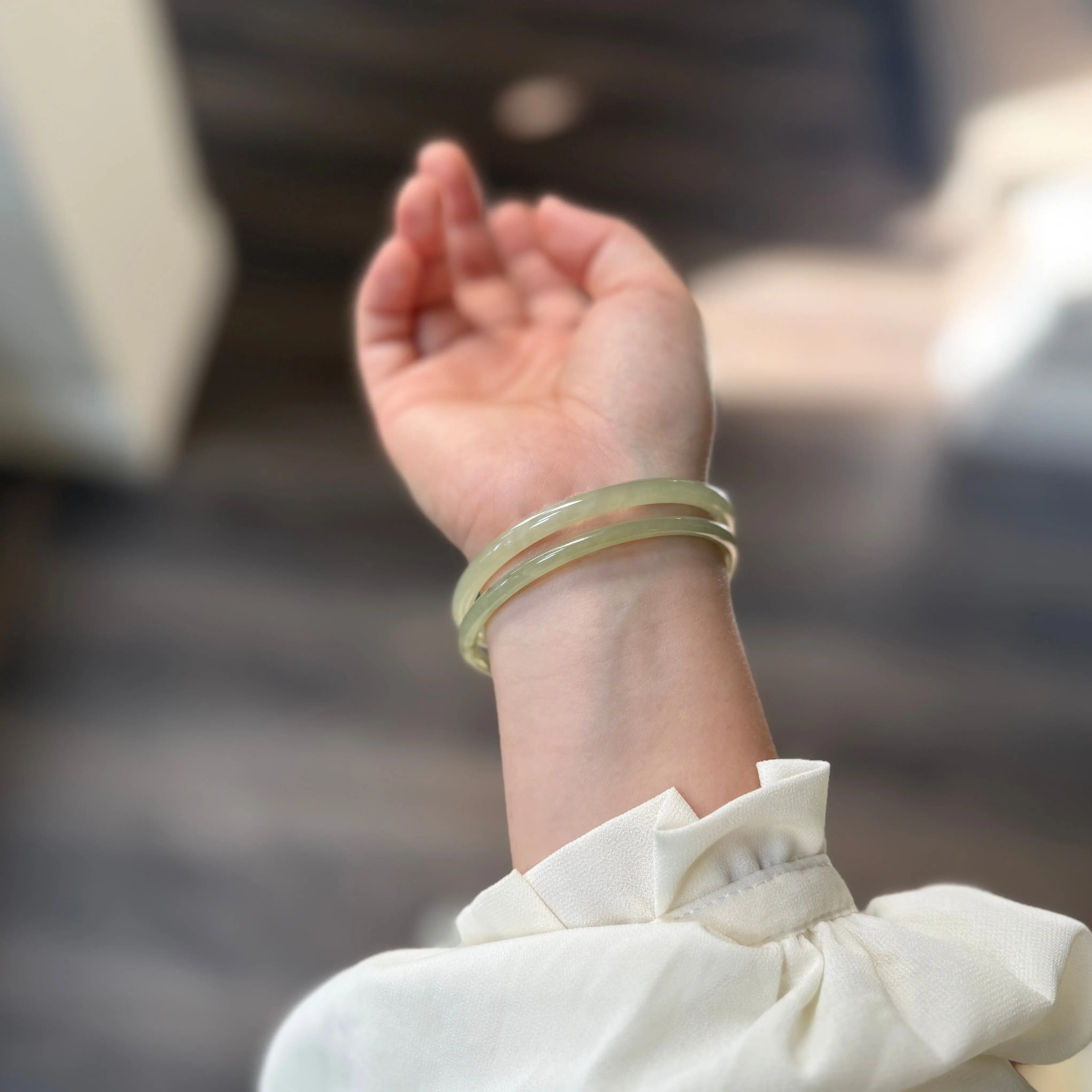 Skinny Natural Jade Bangle, White Green color Jade Bangle