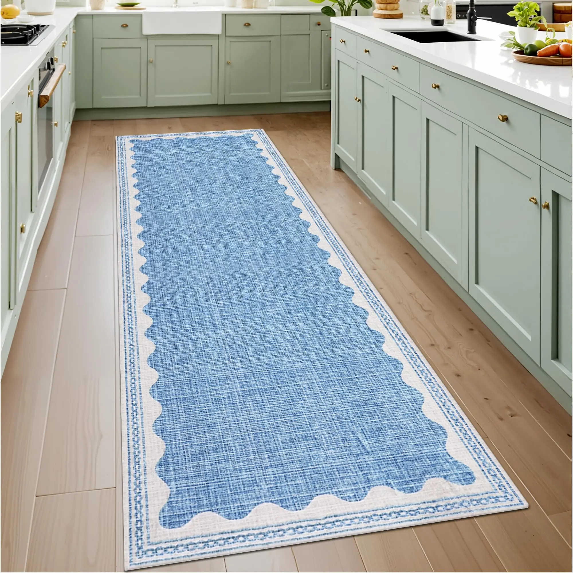 GARVEE 2x6 Runner Rug for Hallway, Washable Non-Slip Kitchen Rug, Solid Blue Modern Minimalist Soft Low-Pile Scalloped Indoor Carpet for Entryway, Laundry Room Floor Mats