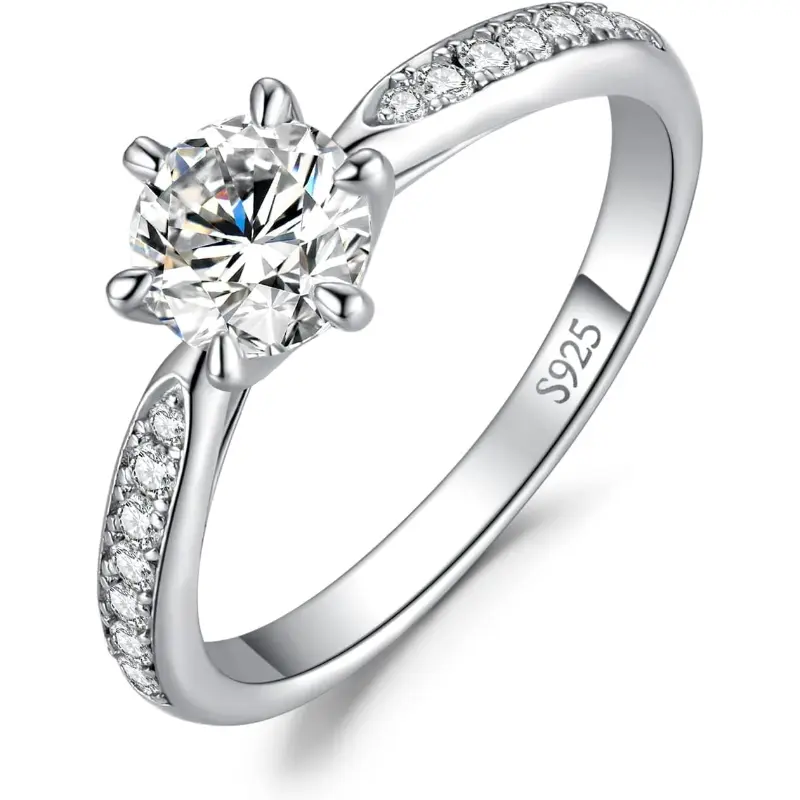 1CT Round Moissanite Engagement wedding Ring S925 Sterling Silver 6-Prong Solitaire Pavé Side Stones Classic Minimalist Promise Ring for Women queen ring