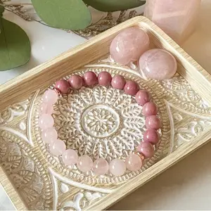 Natural Rose Quartz & Rhodonite Bracelet Boho Handmade Gifts For Her Stress Relief Deserve Self-Acceptance Bracelet
