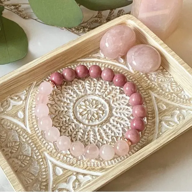 Natural Rose Quartz & Rhodonite Bracelet Boho Handmade Gifts For Her Stress Relief Deserve Self-Acceptance Bracelet, Boho Stone Bracelet, Dainty Crystal Bracelet