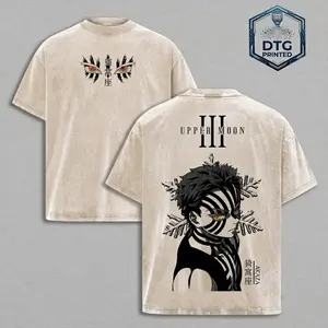 Upper Moon Three: Akaza Retro Washed Loose T-Shirt, Manga Villain Demon Slayer Pure Cotton Short-Sleeve