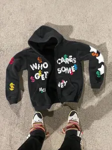 TikTok Viral 'Who Cares Get Some Money' Graphic Fitted Zip - Up Hoodie Long Sleeve – Retro Vintage Washed Cotton Blend, Streetwear Essential for Casual & Edgy Outfits, Y2K Aesthetic Must - Have