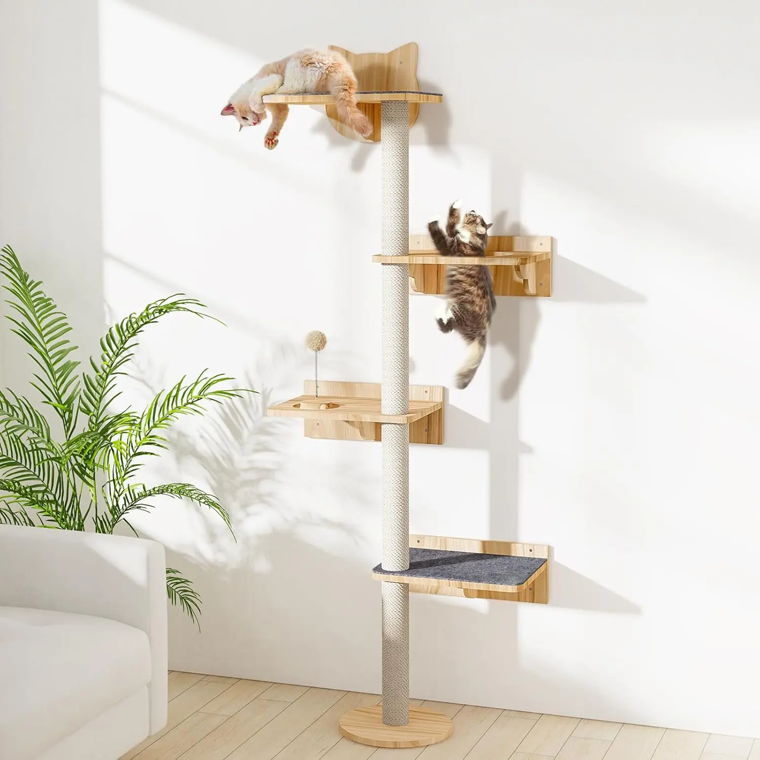 Wall Mounted Cat Tree with pcs Non-Slip Carpet, " Tall Sisal Scratching Post and Cat Shelves Perch with Wood Track Toy Ball, Cat Wall Shelf ClimbingTower for Indoor Middle Large Kitten
