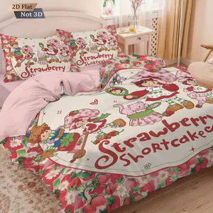 3pcs Strawberry Shortcake Theme Duvet Cover Set, 2D Flat Print, Includes 1 Duvet Cover & 2 Pillowcases, Excludes Duvet and Pillow Inserts, Soft Comfortable, Suitable for Bedrooms, Hotels, School Dormitories, Perfect Gift for Fans, Bedroom Bedding Set