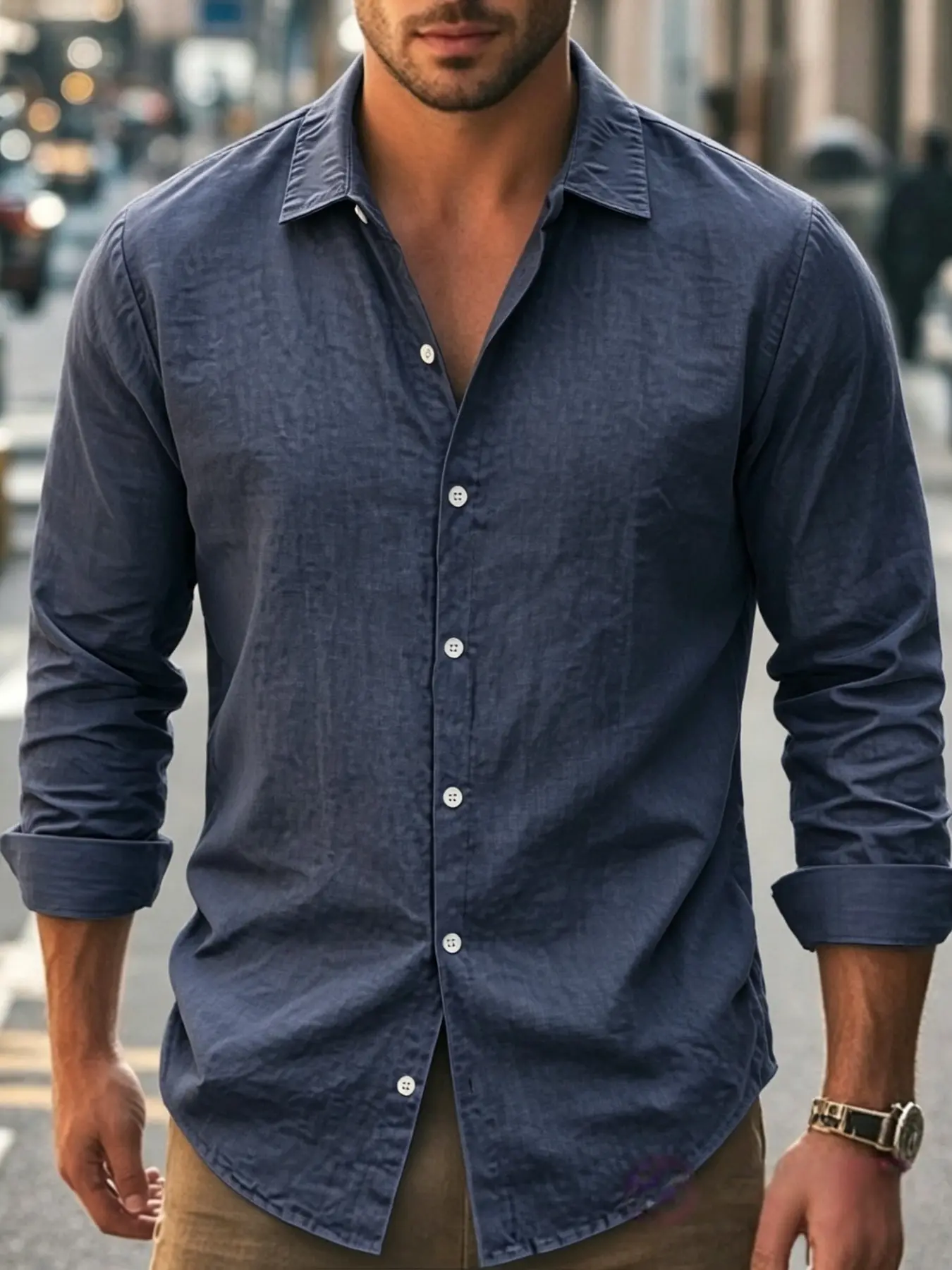Men's comfortable long-sleeved button-down shirt in solid color for casual business wear. Classic soft fabric top suitable for daily/office layering. Multi-color rengli clothing. Menswear