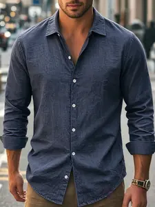 Men's comfortable long-sleeved button-down shirt in solid color for casual business wear. Soft fabric top suitable for daily/office layering. Multi-color rengli clothing.