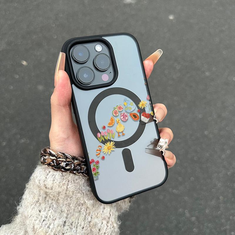 Adorable Duck Surrounded By Colorful Fruits Phone Case Featuring A Soft Tpu Back With Built-In Strong Magnet Ring, Blending Smooth Macaron Texture With Secure Magsafe Compatibility For iPhone 17 16 15 14 13 12 11 X XS