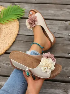 Summer Elegant Plus Size Women's Wedge Heel Thick Sole Sandals, Multiple Colors Flower Decor, Cloud Comfort Insole, Ultra-Light Anti-Slip Sole