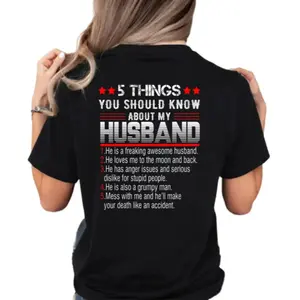 Unisex Short-Sleeve Round Neck T-Shirt - "5 Things You Should Know About My Husband" Funny Top, Gift For Wife From Husband, Casual Sporty Sports Tops, Shortsleeve