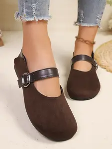Women's Closed Toe Flat Shoes, Mary Jane Flats, Fashionable Faux Suede Design, Comfortable Versatile Footwear, Perfect for Day and Night Wear