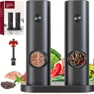 1 Set Electric Salt and Pepper Mill Grinder Set, Battery-Operated (Batteries Not Included), Automatic Pepper Mill, One-handed Operation Grinder with Adjustable Coarseness, Electronic Spice Grinder with Storage Base and LED Light
