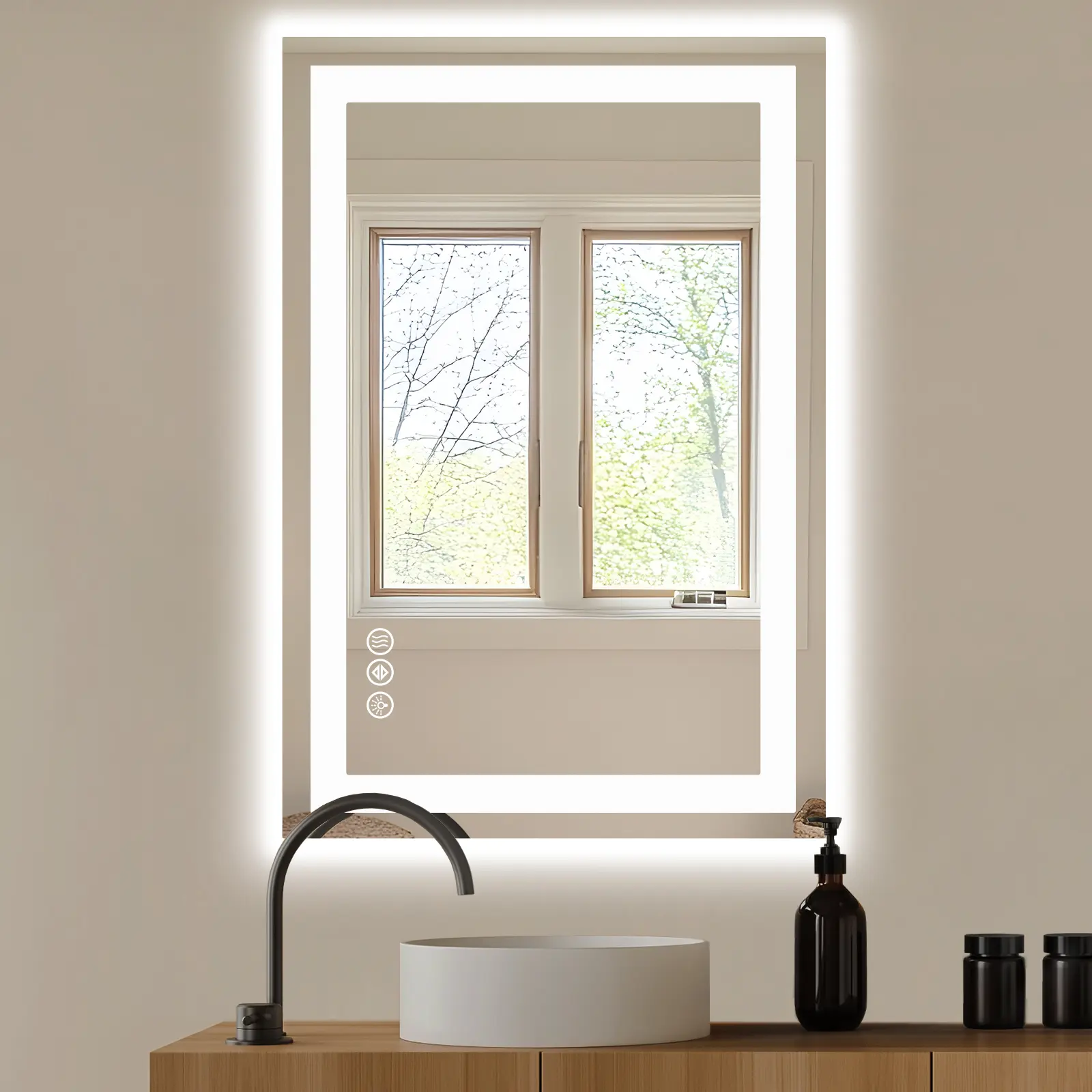 FurniChic Haven Anti-Fog LED Bathroom Mirror with Dual Light Source and Three Lighting Modes, Dual Color Options Glass