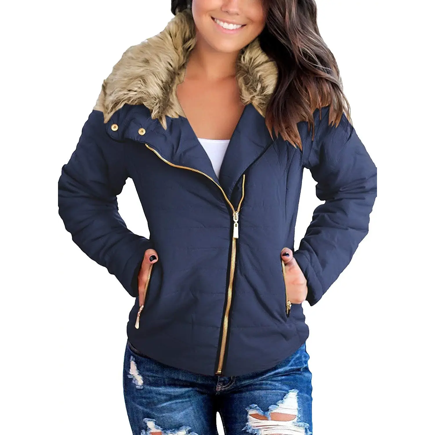 Luvamia Women Parka Coat Pockets Quilted Puffer Jacket with Faux Fur Lapel, Size S-2XL luvamia
