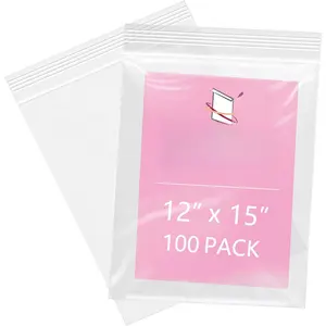 - 100 count- 12" x 15" Large Plastic Zip Poly Bags- Clear Zip Storage Bag for Clothing, T-Shirts, Pants