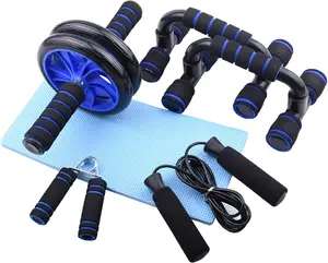 Abdominal Muscle Training Rollers 5-In-1 Kit with Knee Pads Push-Up Bars Handle Grips Skipping Ropes for Home Gym Exercise