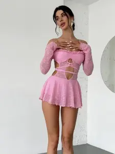 Super Cute Mesh See-Through Off-shoulder Hollowed-out lace-up high-waisted Rompers